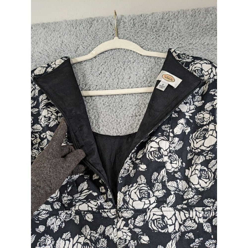 Talbots Dress Womens 4 Roses Boho Floral Black White Cotton Stretch Pockets - Picture 13 of 16